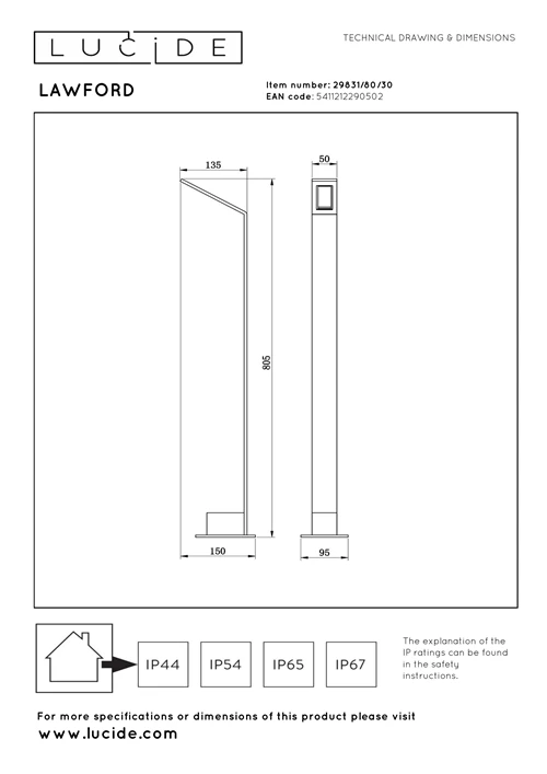 Lucide LAWFORD - Bollard light - LED - 1x6W 3000K - IP54 - Black - technical